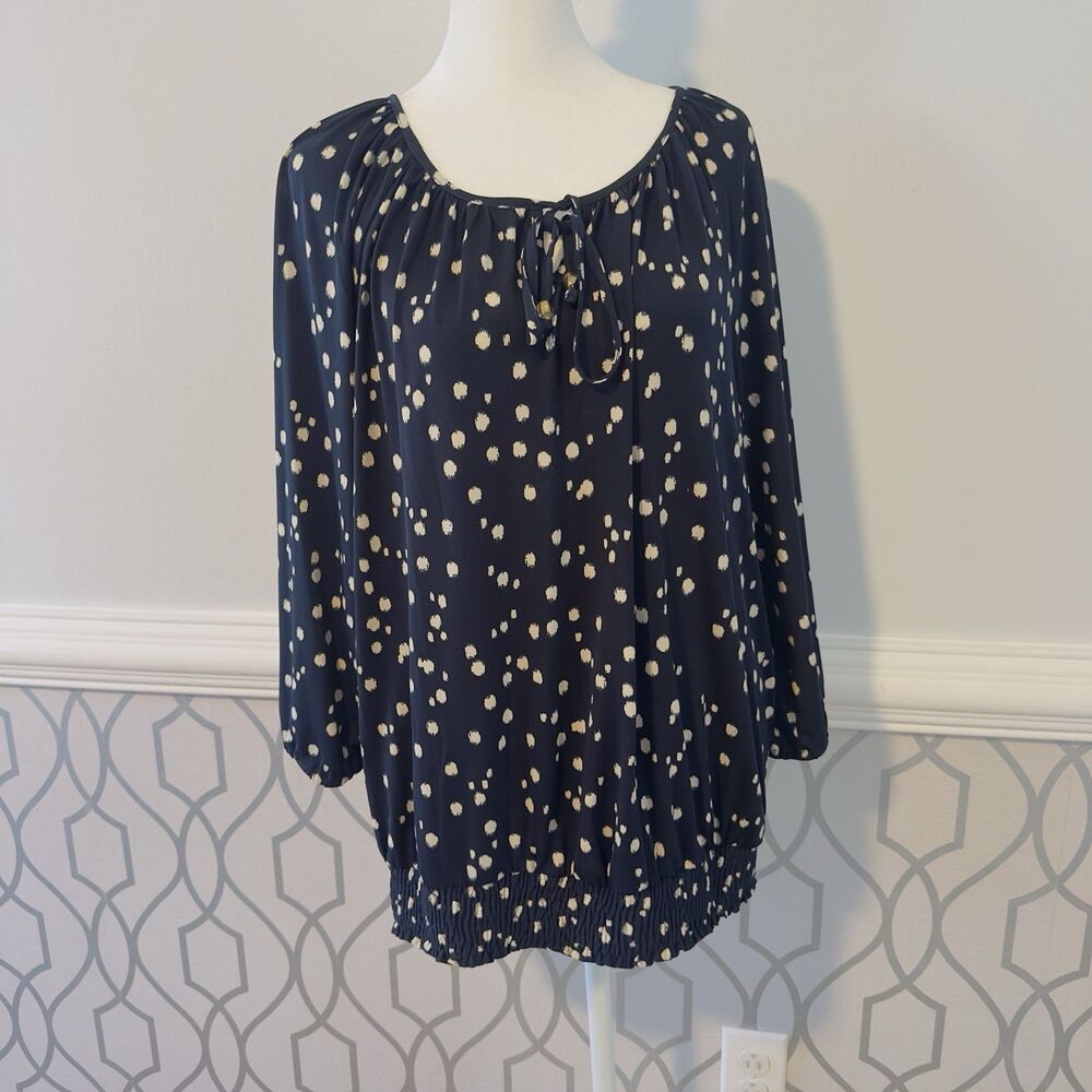 Susan Graver Women's Pullover Black White Blouse Top Elastic Waist 3/4 Sleeve LG